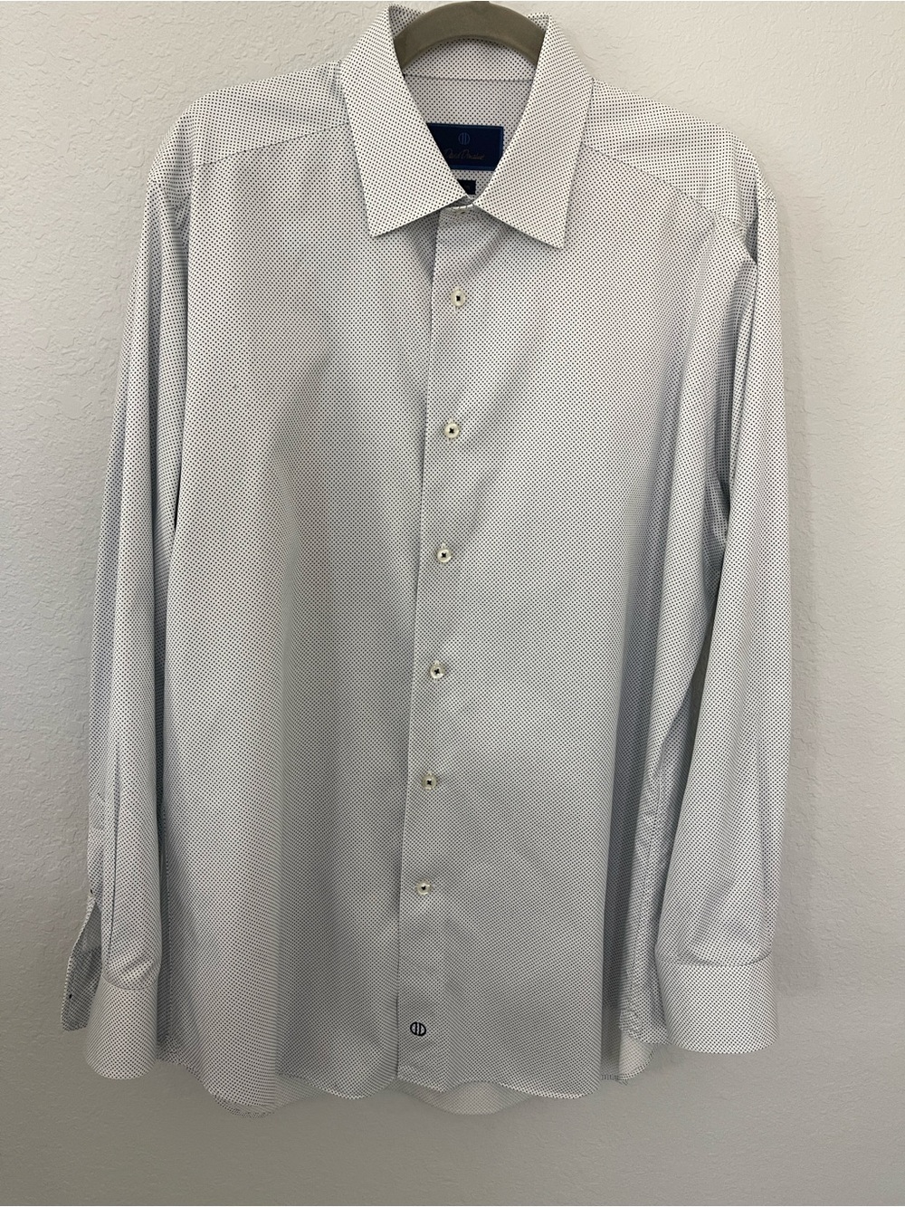 David Donahue Trim Fit Dress Shirt Mens 17 34/35 White Navy Micro Dot Cotton